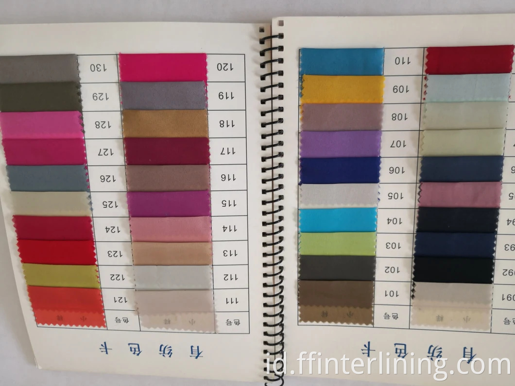 Kualitas tinggi 100% Polyester Woven Interlining Pemasok Kualitas Tinggi Tenun Fusible Fabric Warna Interlining 30D 50D 75D